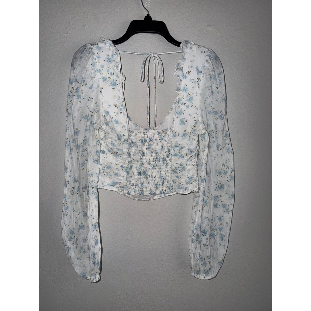 Free People Blue Floral Smocked Back Ruffle Crop Top Long Sleeve Womens Medium - Picture 3 of 5